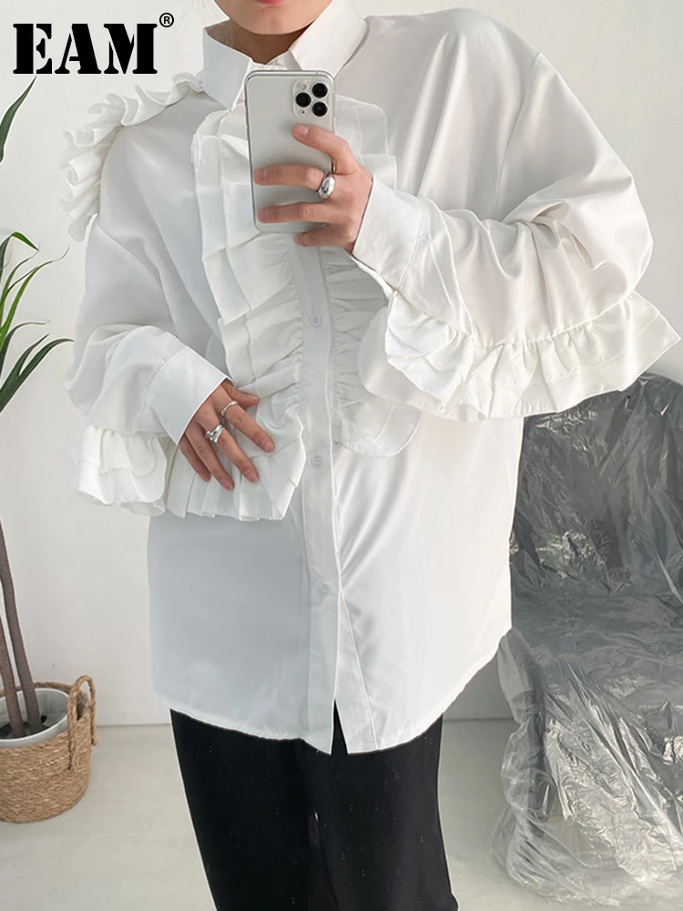 [EAM] Женская Белая Элегантная Блузка с оборками Большого Размера, Новая Рубашка Свободного Кроя с Отворотом и Длинным рукавом, Модный Прилив, Весна-Осень 2023 1DF7018 Изображение 0