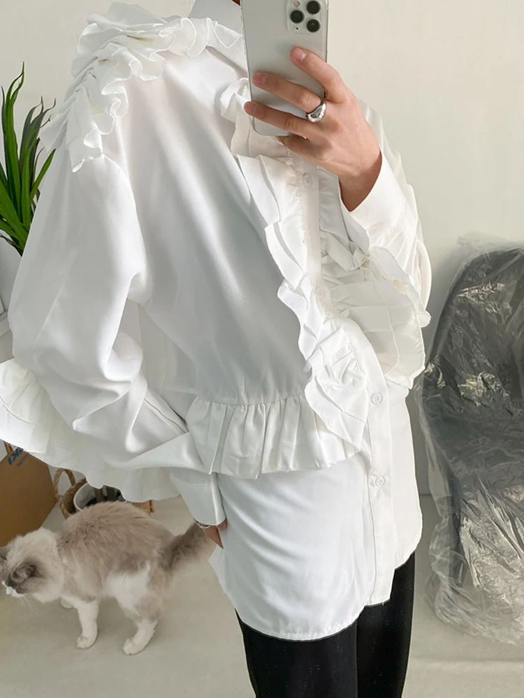 [EAM] Женская Белая Элегантная Блузка с оборками Большого Размера, Новая Рубашка Свободного Кроя с Отворотом и Длинным рукавом, Модный Прилив, Весна-Осень 2023 1DF7018 Изображение 2