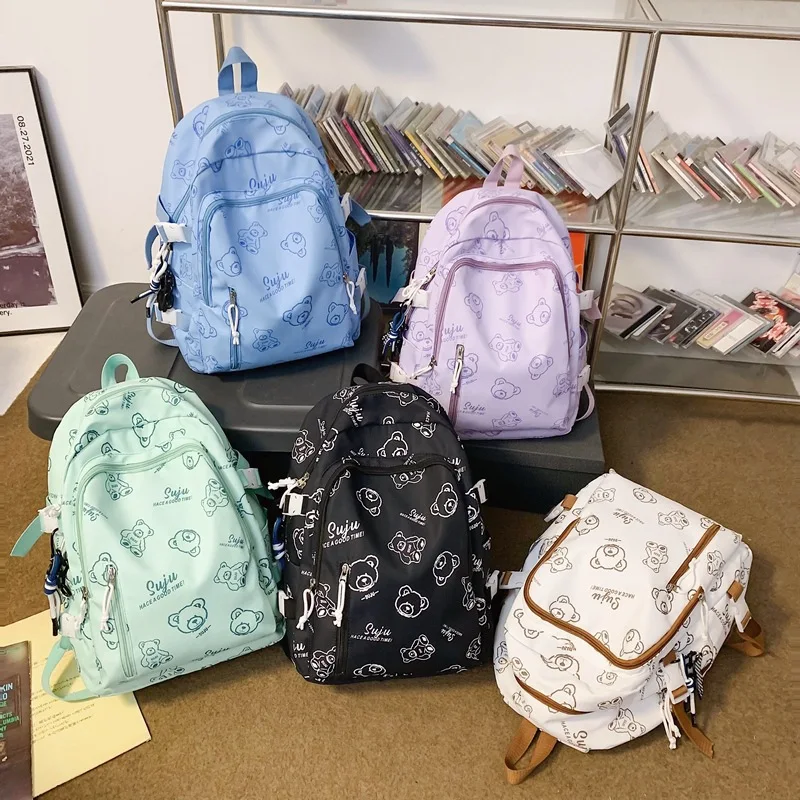 Подростковые школьные сумки для девочек, Милый мультяшный студенческий рюкзак с граффити, Женский нейлоновый повседневный рюкзак в Японском корейском стиле Изображение 2