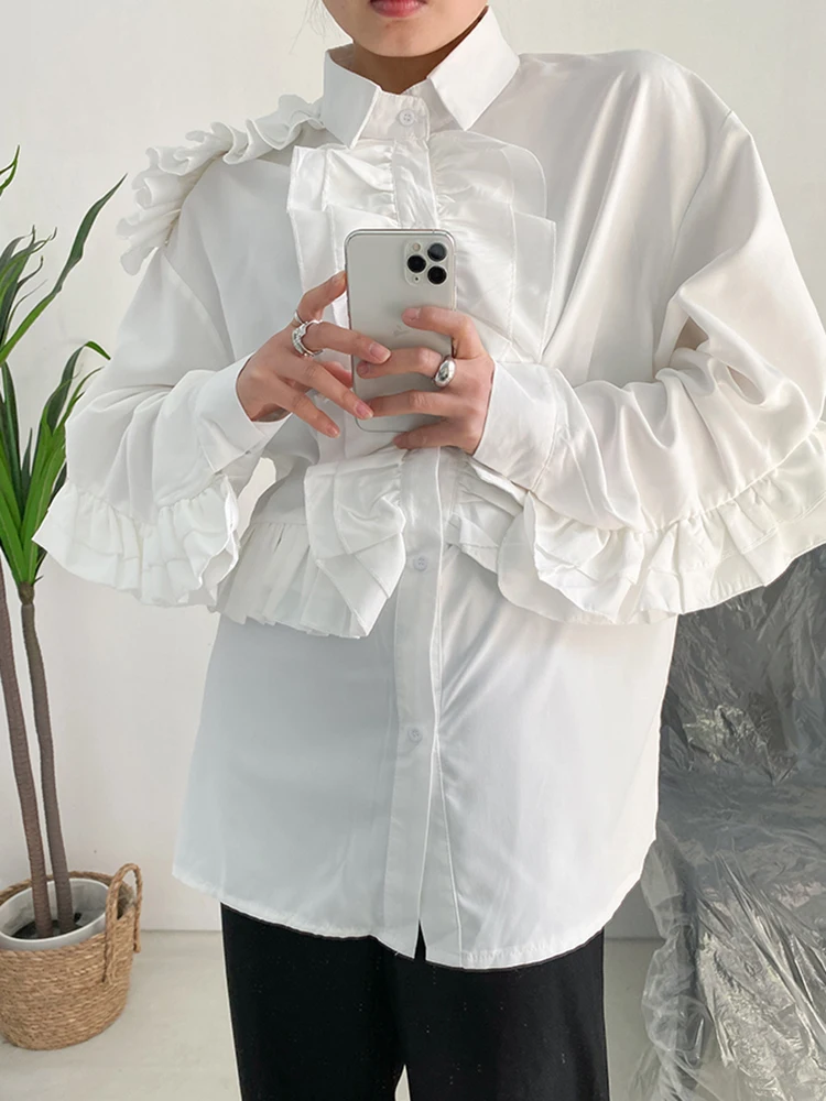 [EAM] Женская Белая Элегантная Блузка с оборками Большого Размера, Новая Рубашка Свободного Кроя с Отворотом и Длинным рукавом, Модный Прилив, Весна-Осень 2023 1DF7018 Изображение 3