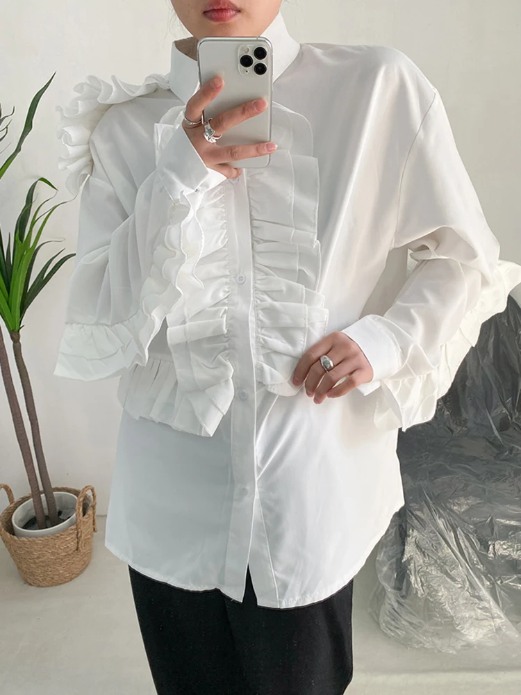 [EAM] Женская Белая Элегантная Блузка с оборками Большого Размера, Новая Рубашка Свободного Кроя с Отворотом и Длинным рукавом, Модный Прилив, Весна-Осень 2023 1DF7018 Изображение 4