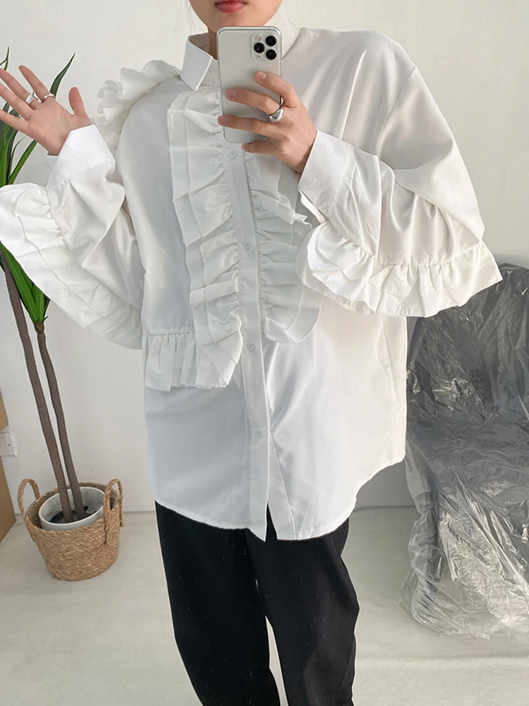 [EAM] Женская Белая Элегантная Блузка с оборками Большого Размера, Новая Рубашка Свободного Кроя с Отворотом и Длинным рукавом, Модный Прилив, Весна-Осень 2023 1DF7018 Изображение 5