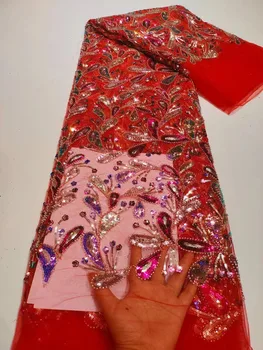 2022 красная Кружевная ткань с тяжелыми блестками и бисером В нигерийском стиле с 3D вышивкой, Сетчатая Кружевная ткань Для Свадебных платьев