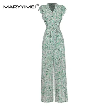 MARYYIMEI/ Летний женский комбинезон с V-образным вырезом и оборками, короткими рукавами, однобортный праздничный модный комбинезон на шнуровке с цветочным принтом