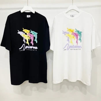 VETEMENTS Красочные мужские футболки с принтом дельфина и алфавита, свободные модные футболки с открытыми плечами, футболки с коротким рукавом, Женская одежда