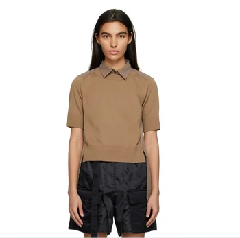 Женские футболки с воротником-поло из искусственных двух частей с коротким рукавом в полоску, Тонкие трикотажные плиссированные футболки повседневные