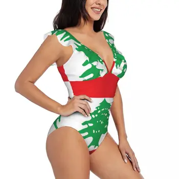 Женский сексуальный цельный купальник с рюшами 2023, женский монокини с ливанским флагом, купальный костюм, пляжная одежда