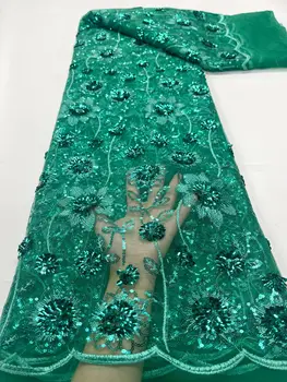 Зеленая Африканская Кружевная ткань с блестками 2023, Высококачественная Нигерийская Кружевная вышивка, французский Тюль, Материал Для женского платья, 5 ярдов