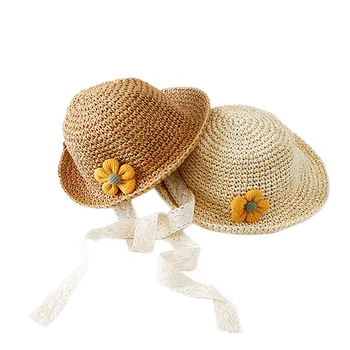 Летняя модная соломенная шляпа для маленьких мальчиков и девочек, детская шапочка ручной вязки с кружевным декором, Детские пляжные шляпы от солнца для девочек, Панама, Кепки