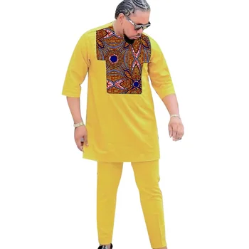 Мужской комплект из желто-желтого хлопка с короткими рукавами, топы в стиле пэчворк и однотонные брюки, сшитые на заказ с африканским принтом, мужские праздничные костюмы для жениха