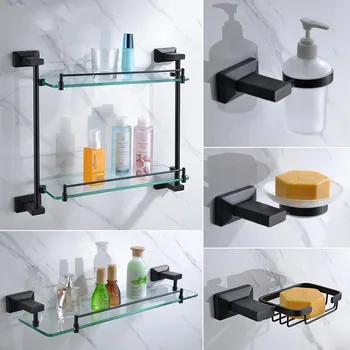 Новейший набор аксессуаров для ванной комнаты из матовой черной латуни из 5 предметов, стеклянная полка, Корзина с дозатором мыла, мыльница