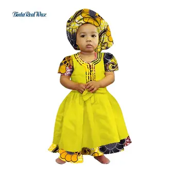 Платья-пачки для маленьких девочек с Повязкой на голову из 100% Хлопка, Платья с принтом в африканском стиле для Детей, Детская Одежда Bazin Riche в африканском стиле WYT229